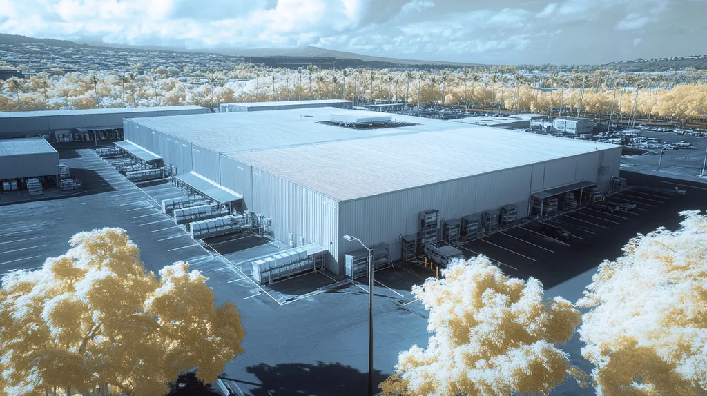 A commercial roof on a warehouse in a location similar to Honolulu with an infrared photography aesthetic (AI image)