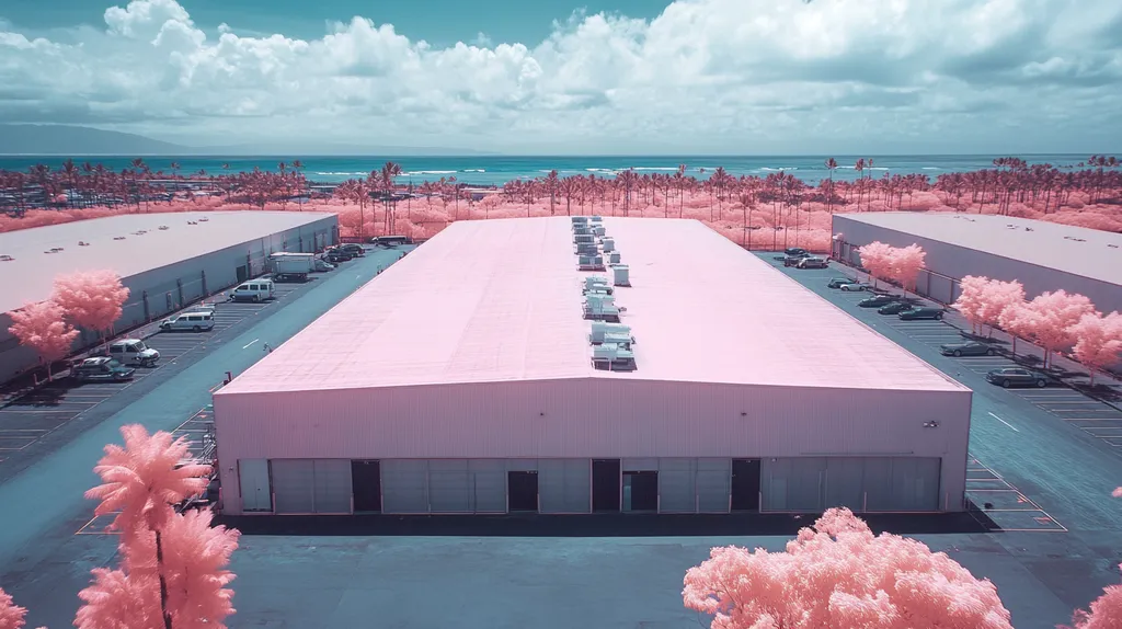 A commercial roof on a warehouse in a location similar to Honolulu with an infrared photography aesthetic (AI image)