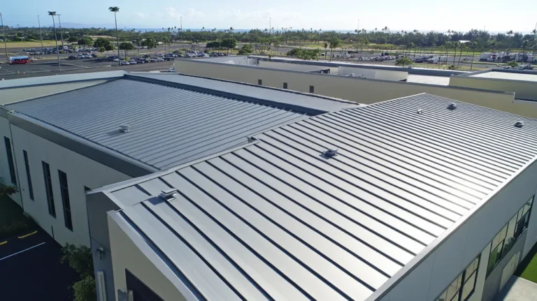 A commercial roof on a warehouse in a location similar to Honolulu with a stainless steel aesthetic (AI image)