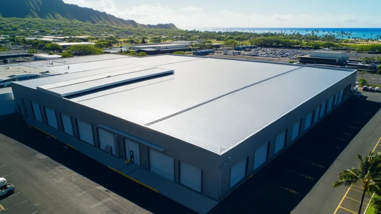 A commercial roof on a warehouse in a location similar to Honolulu with a stainless steel aesthetic (AI image)