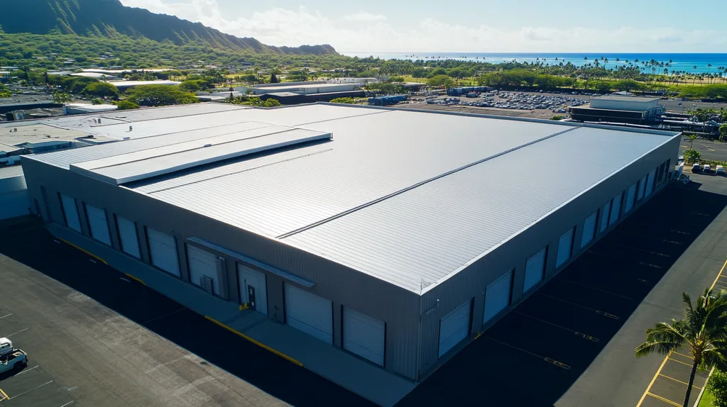 A commercial roof on a warehouse in a location similar to Honolulu with a stainless steel aesthetic (AI image)