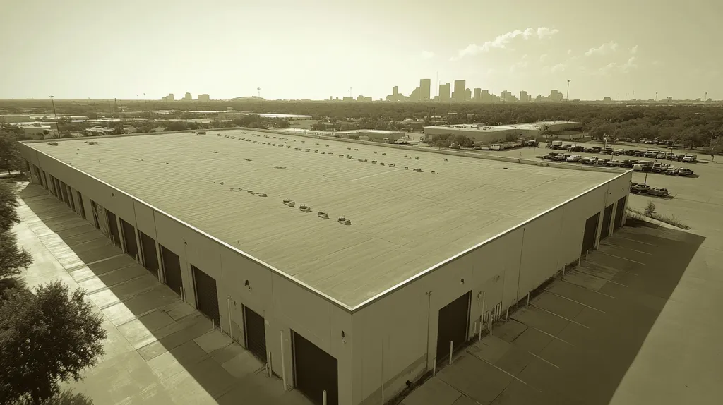 A commercial roof on a warehouse in a location similar to Houston with an architectural sketch rendering aesthetic (AI image)