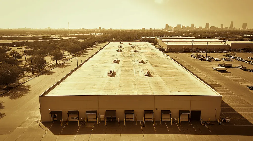 A commercial roof on a warehouse in a location similar to Houston with an architectural sketch rendering aesthetic (AI image)