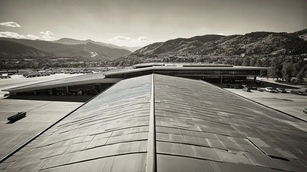 A commercial roof on an airport terminal in a location similar to Aspen with a tintype aesthetic (AI image)