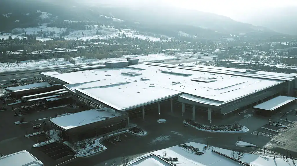A commercial roof on an airport terminal in a location similar to Aspen with a snowy day aesthetic (AI image)