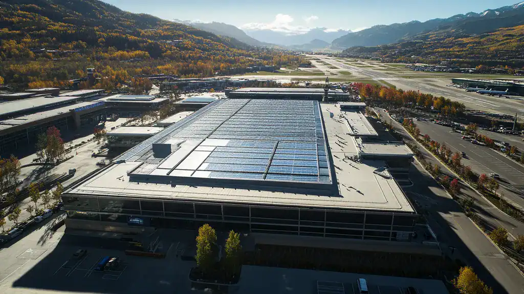 A commercial roof on an airport terminal in a location similar to Aspen with an urban context aesthetic (AI image)