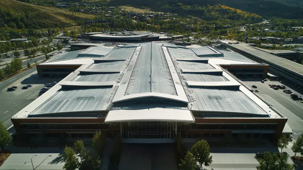 A commercial roof on an airport terminal in a location similar to Aspen with an urban context aesthetic (AI image)