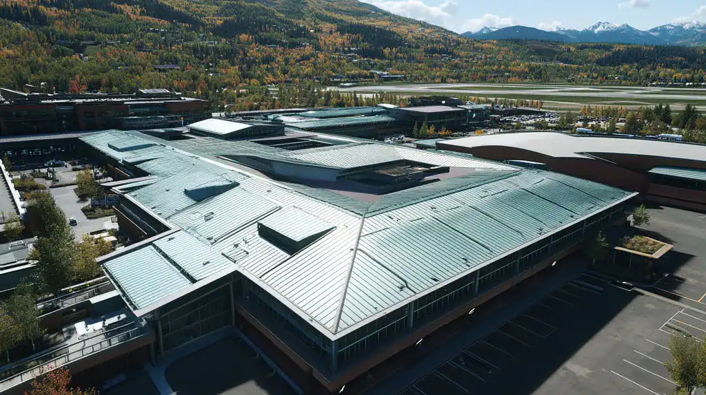 A commercial roof on an airport terminal in a location similar to Aspen with an urban context aesthetic (AI image)