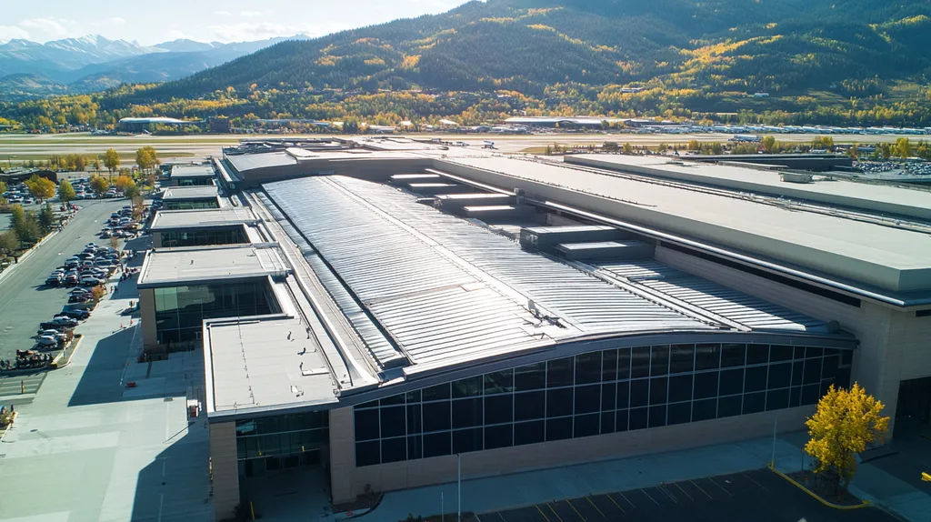 A commercial roof on an airport terminal in a location similar to Aspen with an urban context aesthetic (AI image)