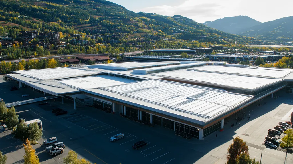 A commercial roof on an airport terminal in a location similar to Aspen with an urban context aesthetic (AI image)