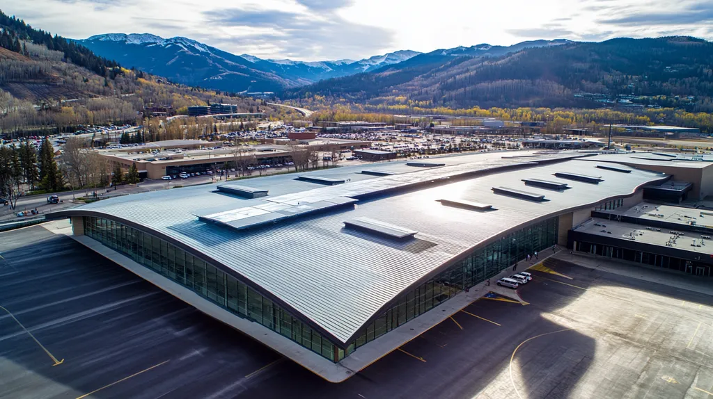 A commercial roof on an airport terminal in a location similar to Aspen with an urban context aesthetic (AI image)