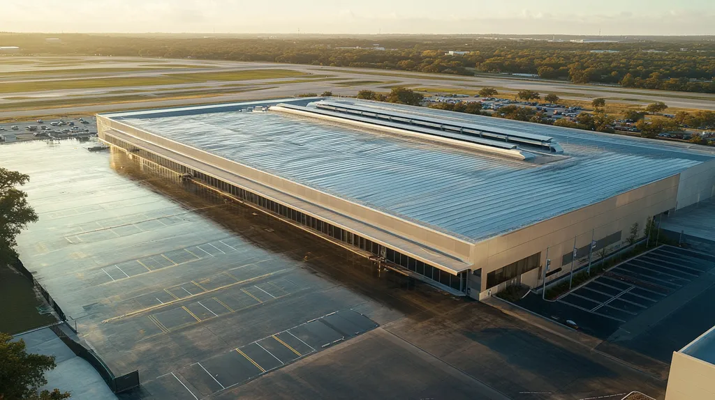 A commercial roof on an airport terminal in a location similar to Austin with a rainy day aesthetic (AI image)