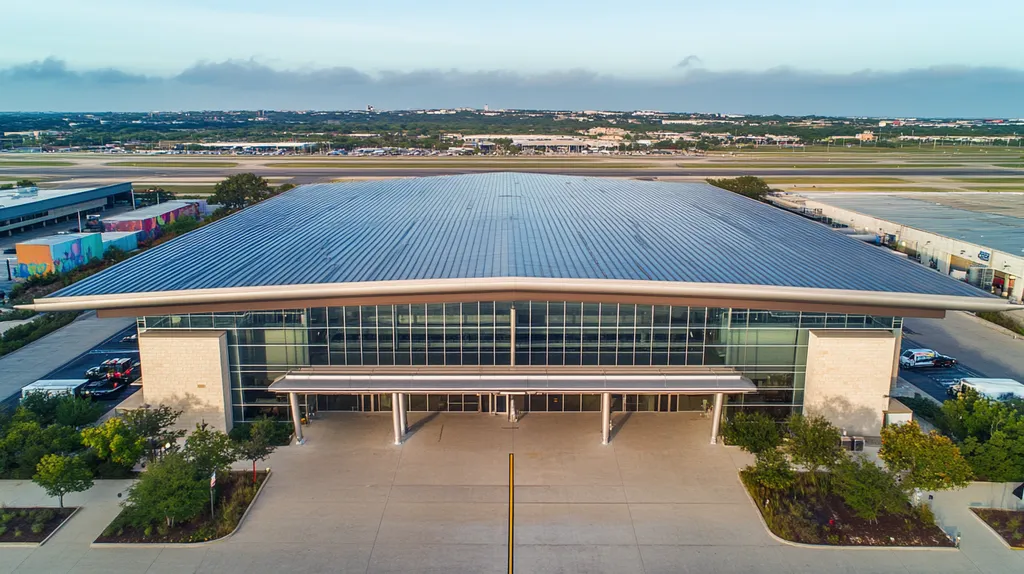A commercial roof on an airport terminal in a location similar to Austin with a rainy day aesthetic (AI image)