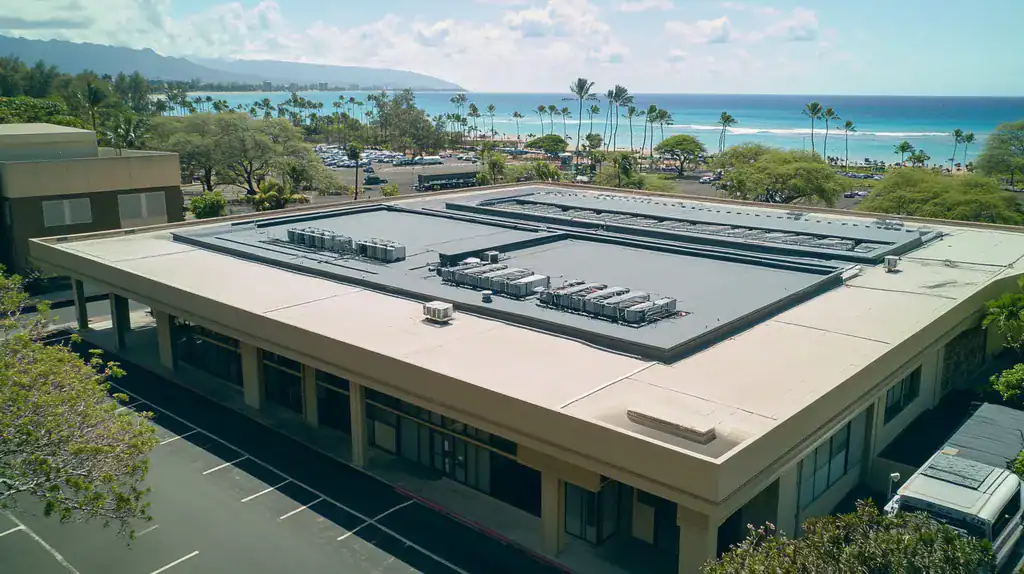 A commercial roof on a bank in a location similar to Honolulu with a color highlight aesthetic (AI image)