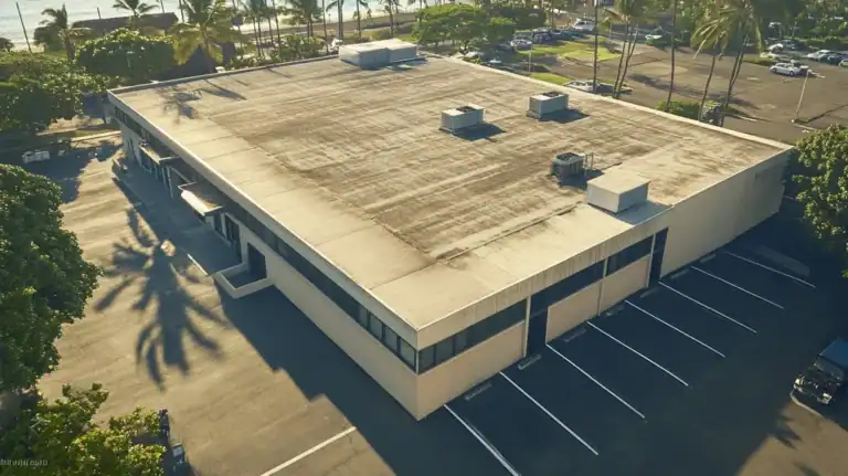 A commercial roof on a bank in a location similar to Honolulu with a color highlight aesthetic (AI image)