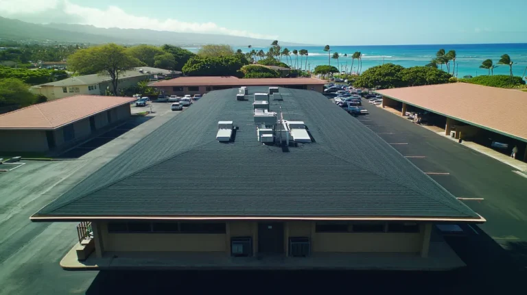 A commercial roof on a bank in a location similar to Honolulu with a color highlight aesthetic (AI image)