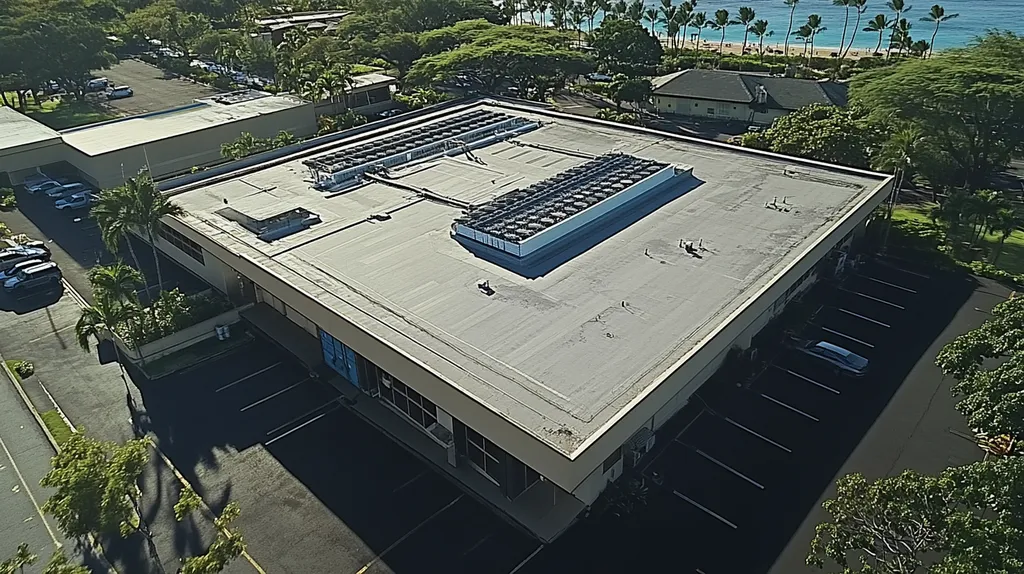 A commercial roof on a bank in a location similar to Honolulu with a color highlight aesthetic (AI image)