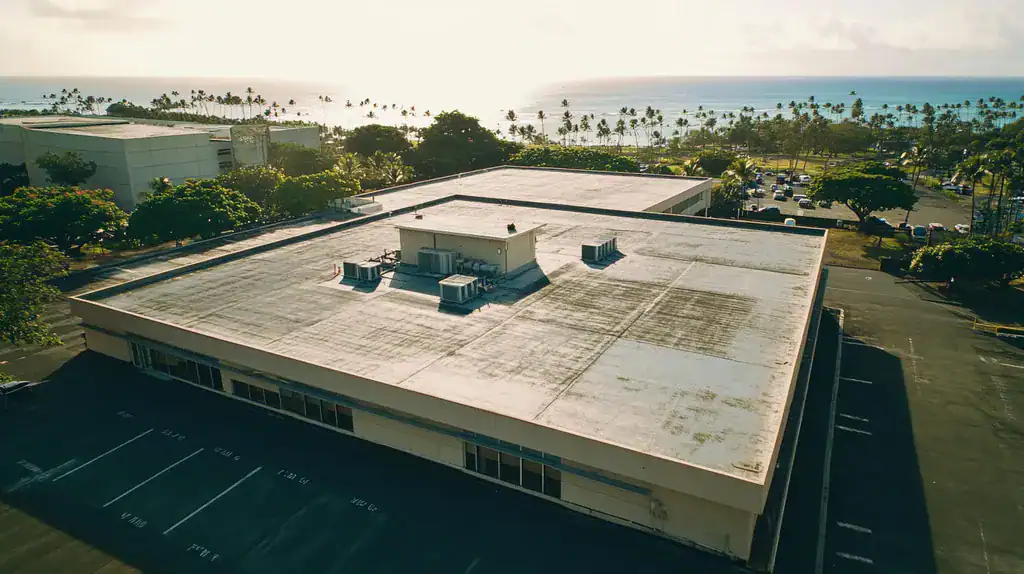 A commercial roof on a bank in a location similar to Honolulu with a color highlight aesthetic (AI image)