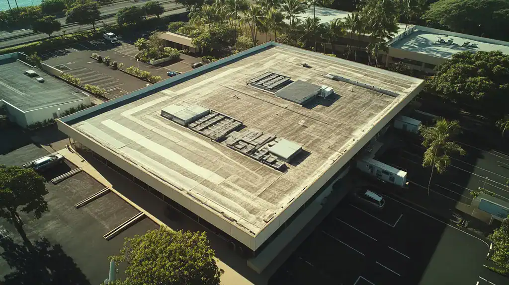 A commercial roof on a bank in a location similar to Honolulu with a color highlight aesthetic (AI image)