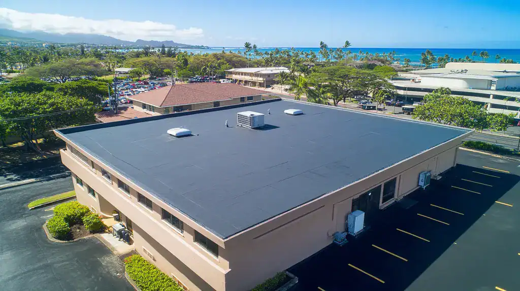 A commercial roof on a bank in a location similar to Honolulu with an urban context aesthetic (AI image)