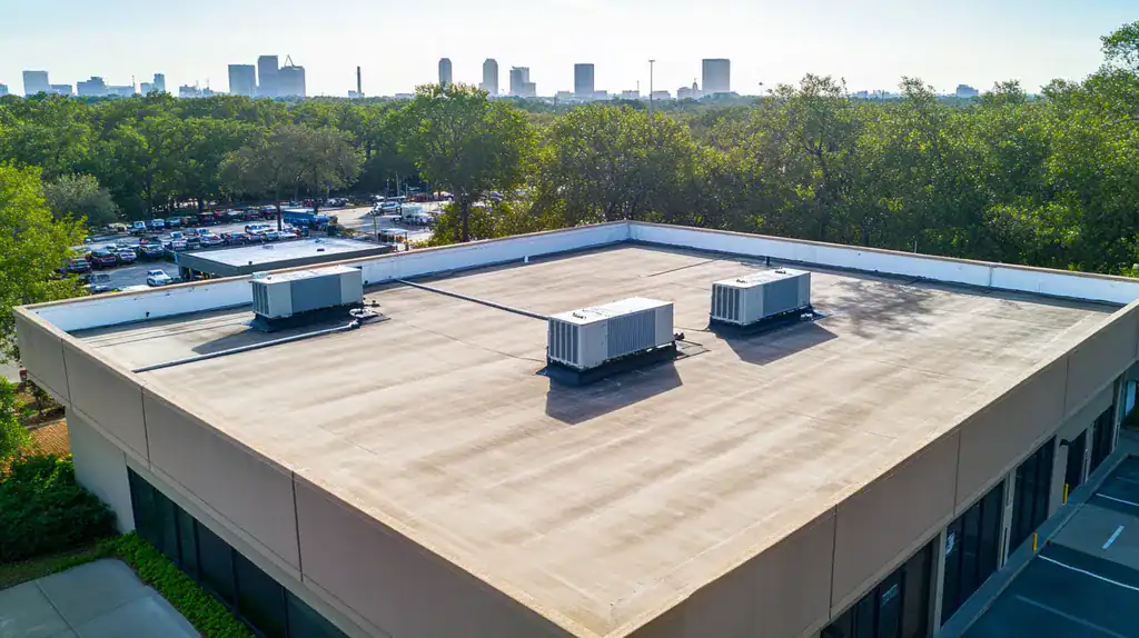 A commercial roof on a bank in a location similar to Houston with an architectural photography aesthetic (AI image)