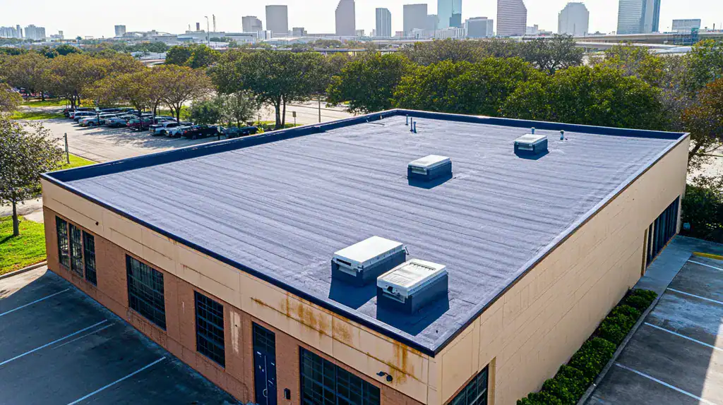 A commercial roof on a bank in a location similar to Houston with an architectural photography aesthetic (AI image)