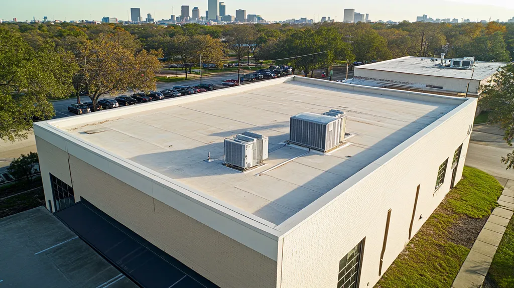 A commercial roof on a bank in a location similar to Houston with an architectural photography aesthetic (AI image)
