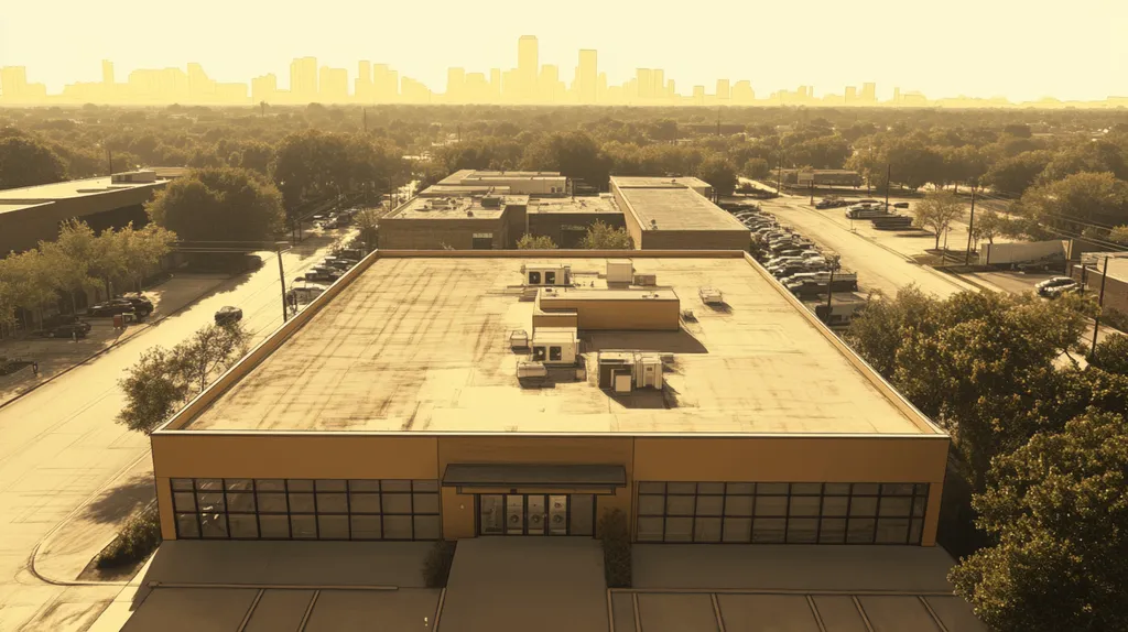 A commercial roof on a bank in a location similar to Houston with an architectural sketch rendering aesthetic (AI image)