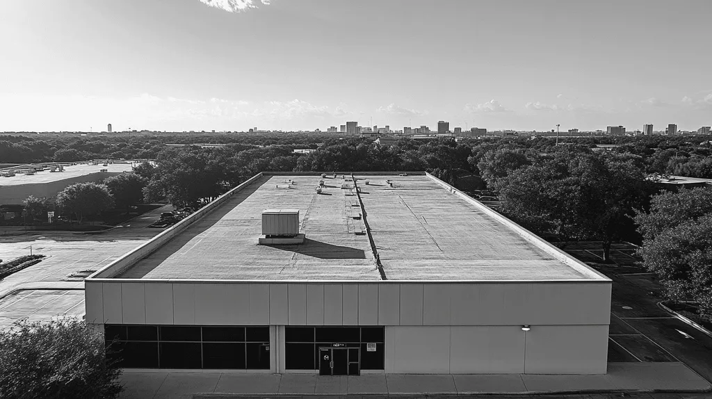 A commercial roof on a bank in a location similar to Houston with a black and white photography aesthetic (AI image)