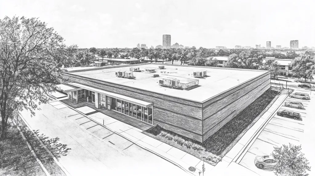 A commercial roof on a bank in a location similar to Houston with a charcoal sketch aesthetic (AI image)