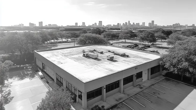 A commercial roof on a bank in a location similar to Houston with a charcoal sketch aesthetic (AI image)