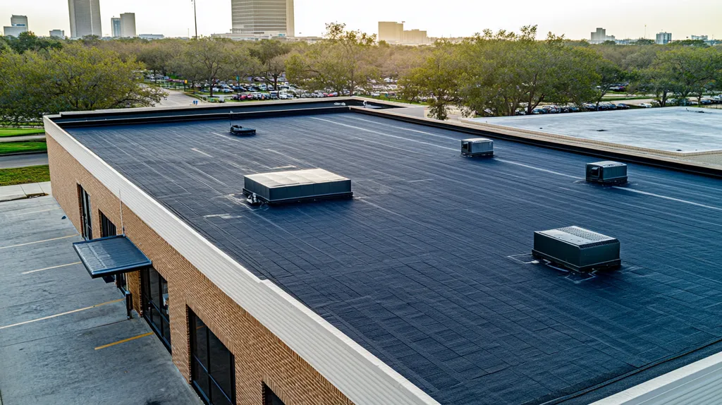 A commercial roof on a bank in a location similar to Houston with a color highlight aesthetic (AI image)