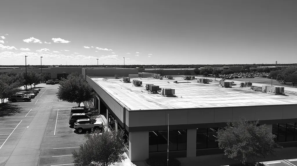A commercial roof on a call center in a location similar to Dallas with a black and white photography aesthetic (AI image)