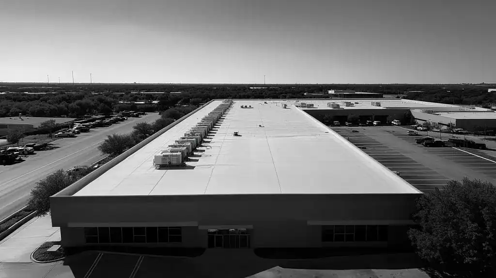 A commercial roof on a call center in a location similar to Dallas with a black and white photography aesthetic (AI image)