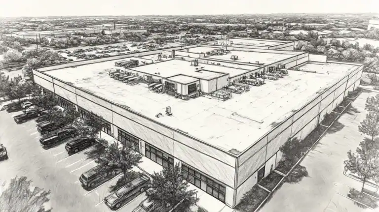 A commercial roof on a call center in a location similar to Dallas with a charcoal sketch aesthetic (AI image)