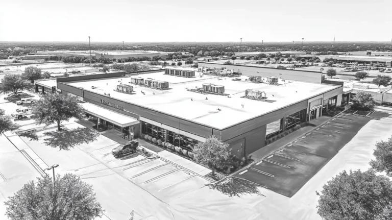 A commercial roof on a call center in a location similar to Dallas with a charcoal sketch aesthetic (AI image)