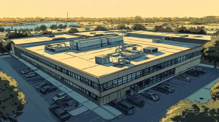 A commercial roof on a call center in a location similar to Dallas with a comic book style aesthetic (AI image)