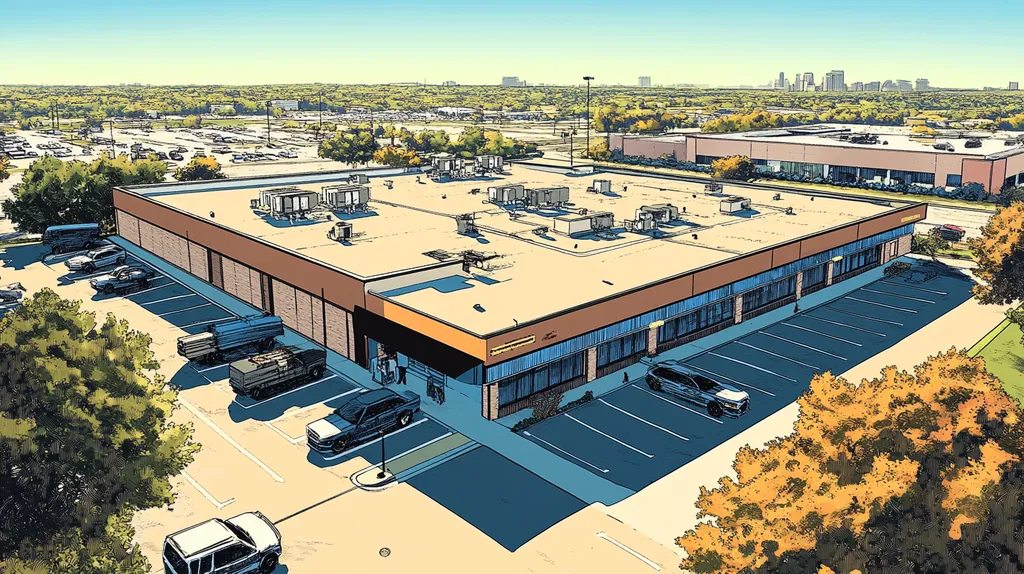 A commercial roof on a call center in a location similar to Dallas with a comic book style aesthetic (AI image)
