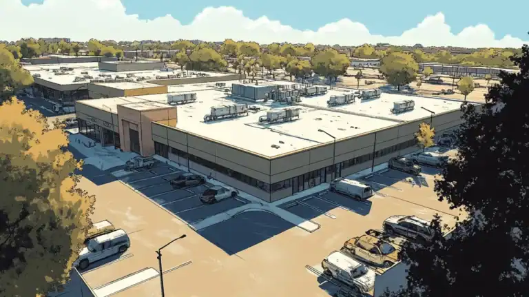A commercial roof on a call center in a location similar to Dallas with a comic book style aesthetic (AI image)