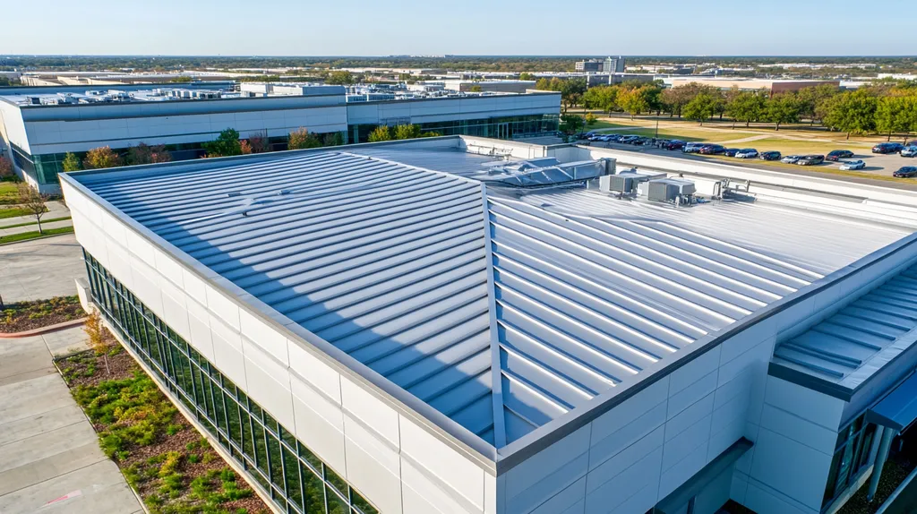 A commercial roof on a call center in a location similar to Dallas with a stainless steel aesthetic (AI image)