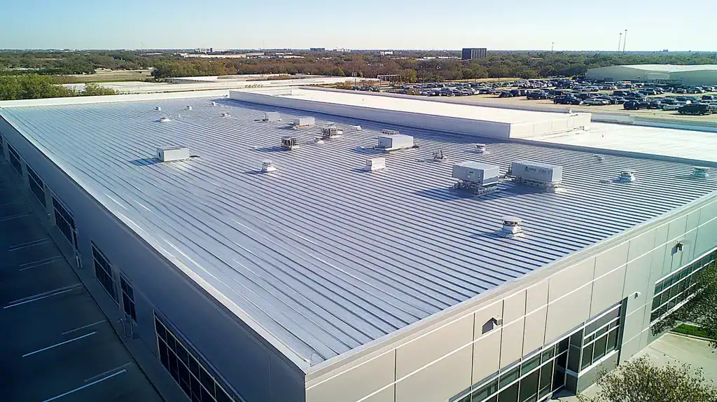A commercial roof on a call center in a location similar to Dallas with a stainless steel aesthetic (AI image)