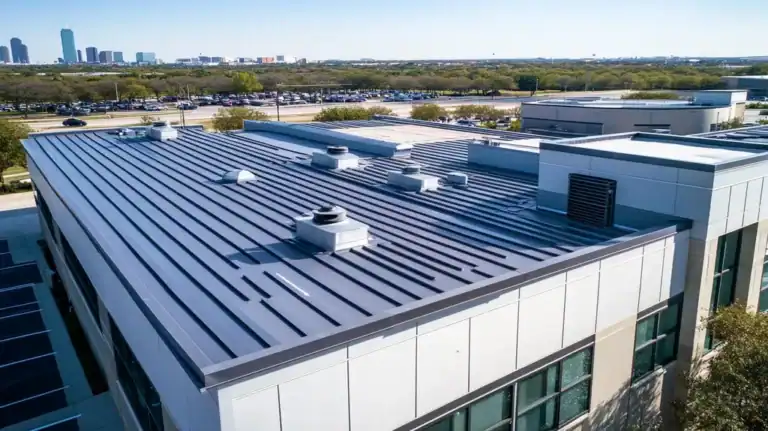 A commercial roof on a call center in a location similar to Dallas with a stainless steel aesthetic (AI image)