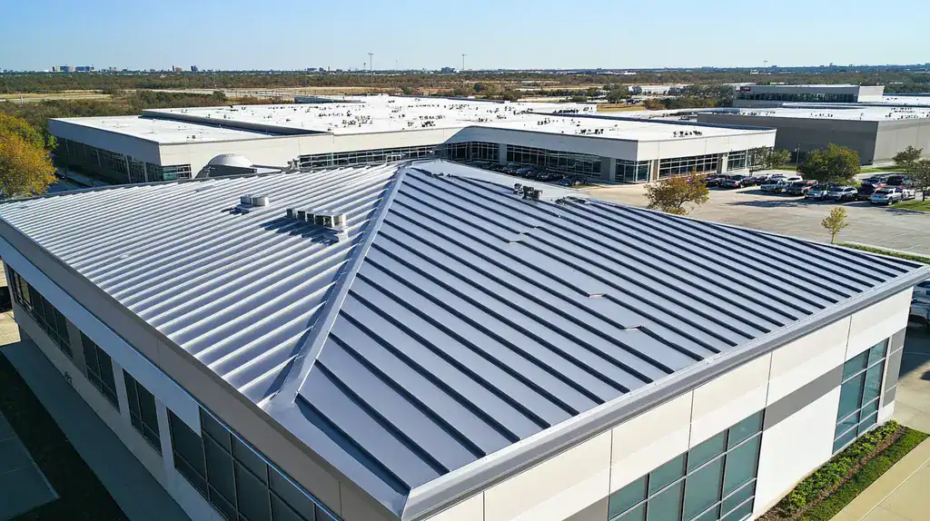 A commercial roof on a call center in a location similar to Dallas with a stainless steel aesthetic (AI image)