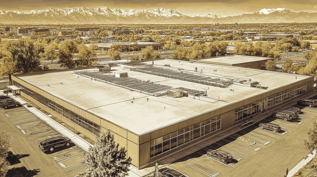 A commercial roof on a call center in a location similar to Denver with an architectural sketch rendering aesthetic (AI image)