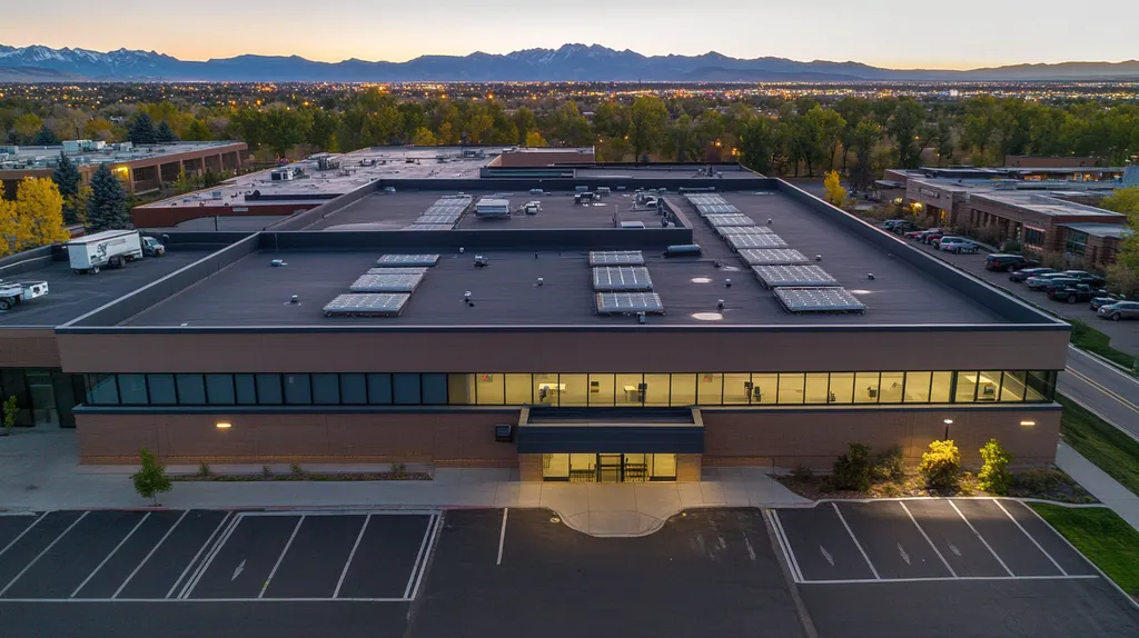 A commercial roof on a call center in a location similar to Denver with an illuminated nightscape aesthetic (AI image)