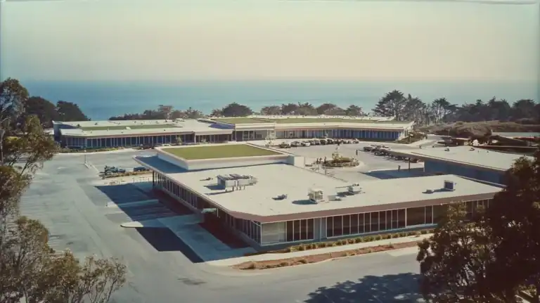 A commercial roof on a community recreation center in a location similar to Big Sur with a Polaroid aesthetic (AI image)
