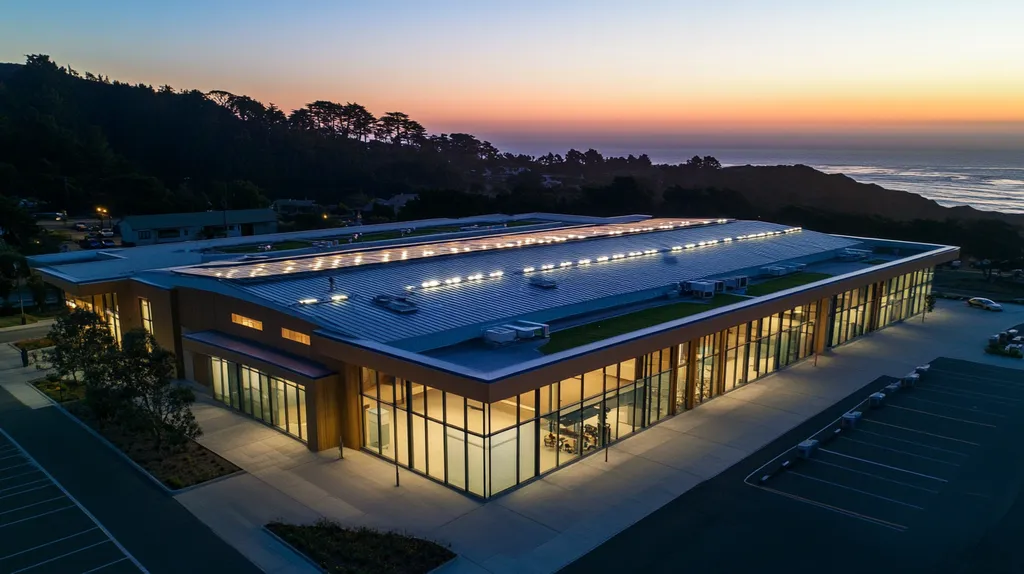 A commercial roof on a community recreation center in a location similar to Big Sur with an illuminated nightscape aesthetic (AI image)