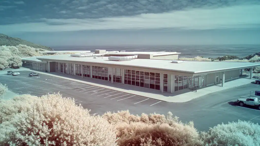 A commercial roof on a community recreation center in a location similar to Big Sur with an infrared photography aesthetic (AI image)