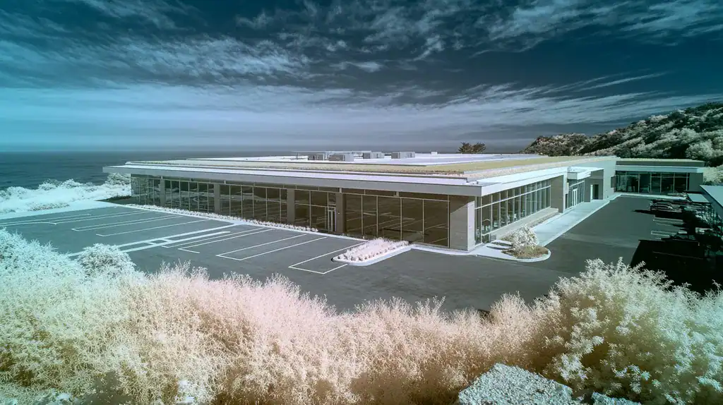 A commercial roof on a community recreation center in a location similar to Big Sur with an infrared photography aesthetic (AI image)