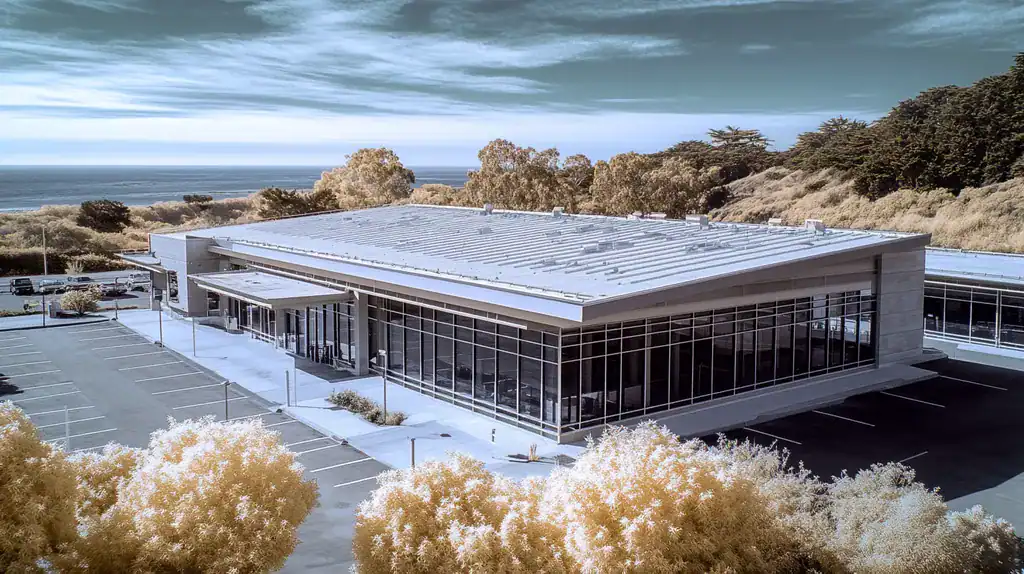 A commercial roof on a community recreation center in a location similar to Big Sur with an infrared photography aesthetic (AI image)